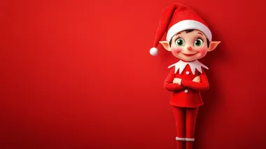 elf on a shelf cartoon style, cute, christmas themed, off-center to the right, red background with a lot of negative space