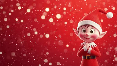 elf on a shelf cartoon style, cute, christmas themed, off-center to the right, red background with a lot of negative space