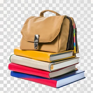school backpack and textbooks on a white background --s 50