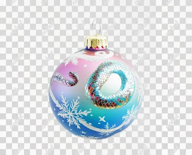 New Year glass ball ornament with a painted snake design, wrapped around a snowflake, vibrant colors and glitter accents on the white background, png free download, minimalist sets, photo-realistic, commercial imagery, isolated, no shadows,