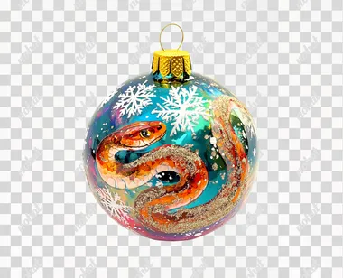 New Year glass ball ornament with a painted snake design, wrapped around a snowflake, vibrant colors and glitter accents on the white background, png free download, minimalist sets, photo-realistic, commercial imagery, isolated, no shadows,