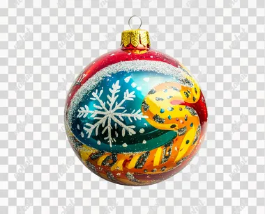 New Year glass ball ornament with a painted snake design, wrapped around a snowflake, vibrant colors and glitter accents on the white background, png free download, minimalist sets, photo-realistic, commercial imagery, isolated, no shadows,