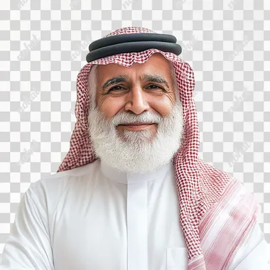 an elder Saudi man with a white thobe and modern photowith pride. Cinematic macro red shemagh smiling gently, standing against white background