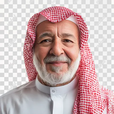 an elder Saudi man with a white thobe and modern photowith pride. Cinematic macro red shemagh smiling gently, standing against white background
