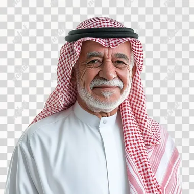 an elder Saudi man with a white thobe and modern photowith pride. Cinematic macro red shemagh smiling gently, standing against white background
