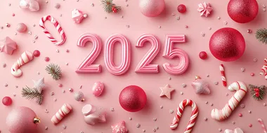 photostock abstract background with 3D numbers "2025" surrounded by holiday ornaments and candy, warm tones, subtle gradients, minimalistic and festive, clean layout, seasonal style