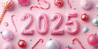 photostock abstract background with 3D numbers "2025" surrounded by holiday ornaments and candy, warm tones, subtle gradients, minimalistic and festive, clean layout, seasonal style
