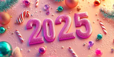 photostock abstract background with 3D numbers "2025" surrounded by holiday ornaments and candy, warm tones, subtle gradients, minimalistic and festive, clean layout, seasonal style
