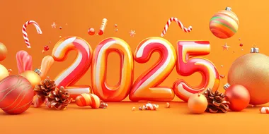 photostock abstract background with 3D numbers "2025" surrounded by holiday ornaments and candy, warm tones, subtle gradients, minimalistic and festive, clean layout, seasonal style