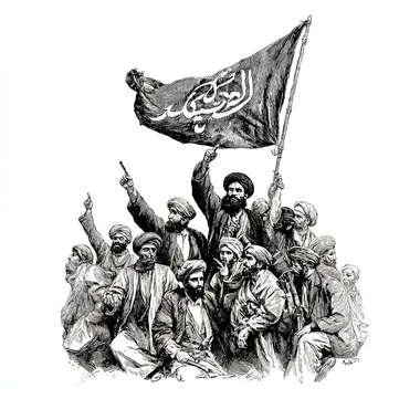 Navvab Safavi holds the flag of uprising with a group of Muslims , white background