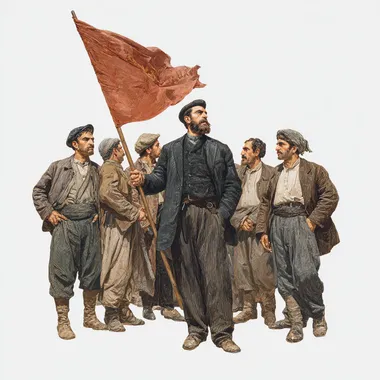 Navvab Safavi holds the flag of uprising with a group of Muslims , white background