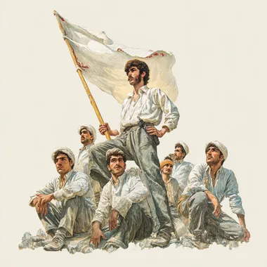Navvab Safavi holds the flag of uprising with a group of Muslims , white background