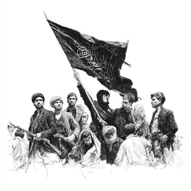Navvab Safavi holds the flag of uprising with a group of Muslims , white background