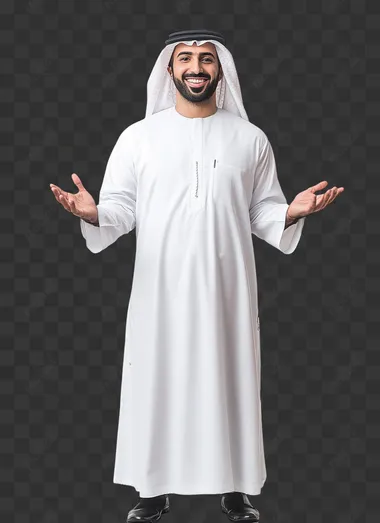 a front facing full body shot, without cropped edges , 30 year old standing and smiling arab man host in white background, his hands are gestured welcoming visitors, hyper realistic