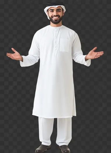 a front facing full body shot, without cropped edges , 30 year old standing and smiling arab man host in white background, his hands are gestured welcoming visitors, hyper realistic