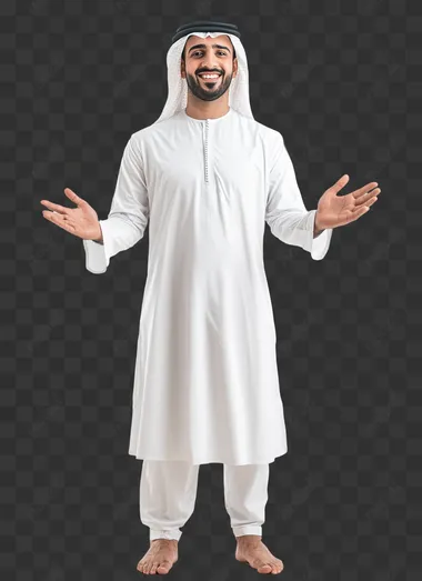 a front facing full body shot, without cropped edges , 30 year old standing and smiling arab man host in white background, his hands are gestured welcoming visitors, hyper realistic