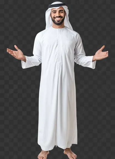 a front facing full body shot, without cropped edges , 30 year old standing and smiling arab man host in white background, his hands are gestured welcoming visitors, hyper realistic