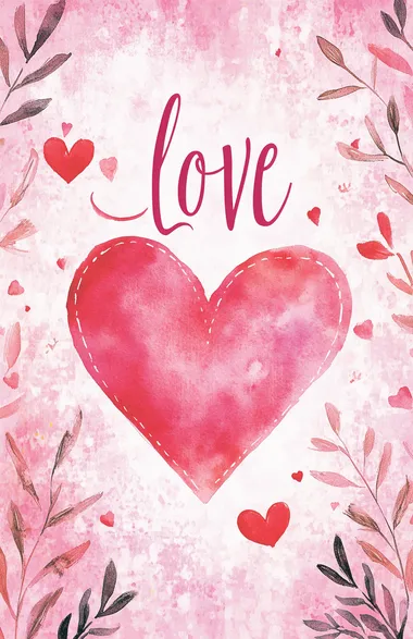 Valentine's Day banner with pink and red hearts, a watercolor heart in the center of it with the cursive word "love" on top, and a pink floral background.   --s 50
