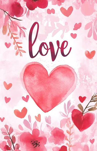 Valentine's Day banner with pink and red hearts, a watercolor heart in the center of it with the cursive word "love" on top, and a pink floral background.   --s 50