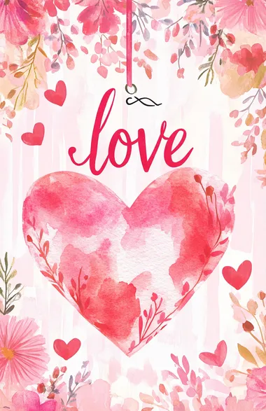 Valentine's Day banner with pink and red hearts, a watercolor heart in the center of it with the cursive word "love" on top, and a pink floral background.   --s 50