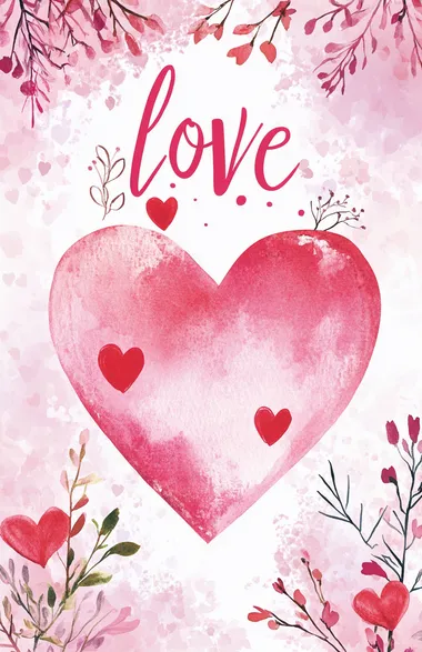 Valentine's Day banner with pink and red hearts, a watercolor heart in the center of it with the cursive word "love" on top, and a pink floral background.   --s 50