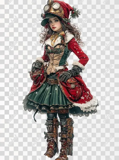 full body little steampunk girl in Christmas colors. Wonderland, clean white background  --s 250