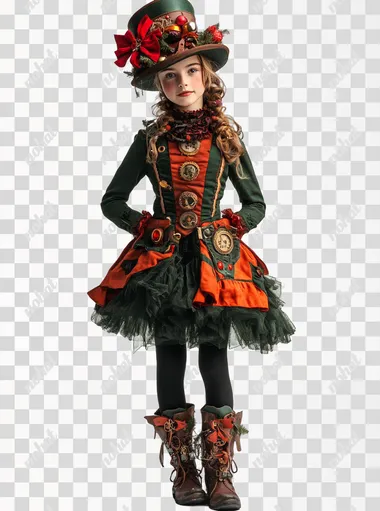 full body little steampunk girl in Christmas colors. Wonderland, clean white background  --s 250