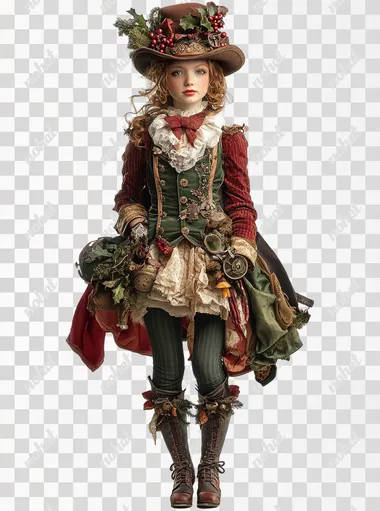 full body little steampunk girl in Christmas colors. Wonderland, clean white background  --s 250
