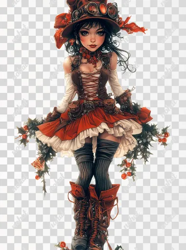 full body little steampunk girl in Christmas colors. Wonderland, clean white background  --s 250