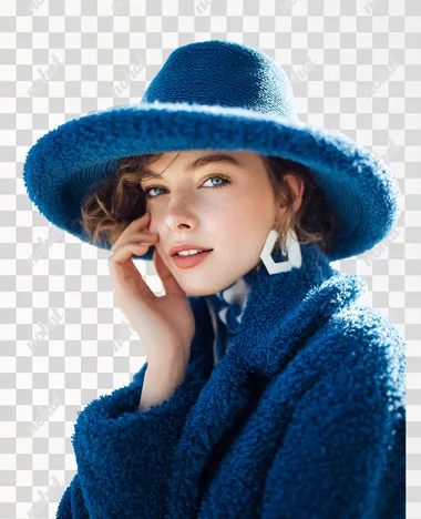 Stylish girl in winter stylish hat blue color , which she holds with her right hand , in stylish fashionable clothes , reflecting the bright summer sun , with her left hand she lightly touches her cheek , background white