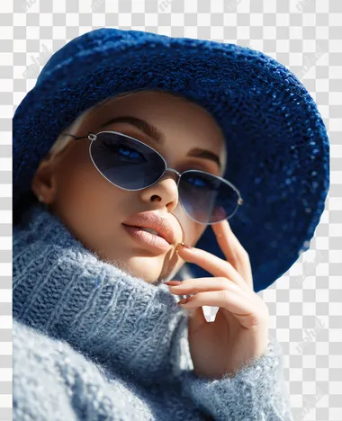 Stylish girl in winter stylish hat blue color , which she holds with her right hand , in stylish fashionable clothes , reflecting the bright summer sun , with her left hand she lightly touches her cheek , background white
