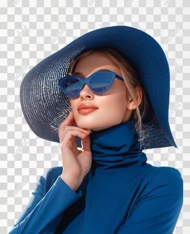 Stylish girl in winter stylish hat blue color , which she holds with her right hand , in stylish fashionable clothes , reflecting the bright summer sun , with her left hand she lightly touches her cheek , background white