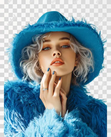 Stylish girl in winter stylish hat blue color , which she holds with her right hand , in stylish fashionable clothes , reflecting the bright summer sun , with her left hand she lightly touches her cheek , background white
