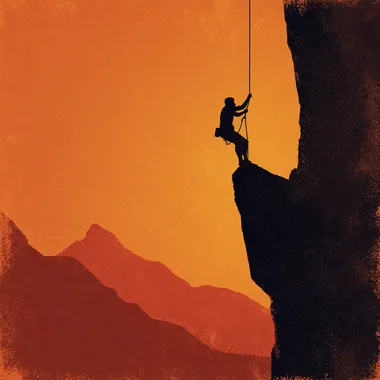A brown silhouetted young person is gripping a rope and climbing a rock. It's in an illustration style, featuring a geometric and minimalist design, showing only the silhouette.