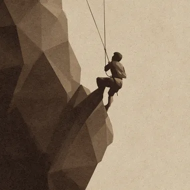 A brown silhouetted young person is gripping a rope and climbing a rock. It's in an illustration style, featuring a geometric and minimalist design, showing only the silhouette.