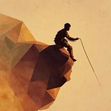 A brown silhouetted young person is gripping a rope and climbing a rock. It's in an illustration style, featuring a geometric and minimalist design, showing only the silhouette.