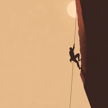 A brown silhouetted young person is gripping a rope and climbing a rock. It's in an illustration style, featuring a geometric and minimalist design, showing only the silhouette.