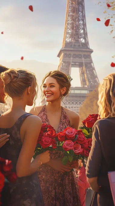 Photo-realistic image set against the iconic Eiffel Tower in Paris. A diverse group of women and men from various backgrounds smile and exchange flowers in front of the tower. The women wear stylish outfits, and the men hold bouquets of roses, giving off a sense of celebration. The soft sunlight highlights the grandeur of the Eiffel Tower, while the surrounding area is filled with cheerful Parisians enjoying the day. The festive atmosphere, combined with the elegance of the Parisian architecture, creates a perfect scene of celebration and love.
