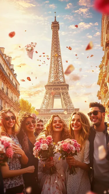 Photo-realistic image set against the iconic Eiffel Tower in Paris. A diverse group of women and men from various backgrounds smile and exchange flowers in front of the tower. The women wear stylish outfits, and the men hold bouquets of roses, giving off a sense of celebration. The soft sunlight highlights the grandeur of the Eiffel Tower, while the surrounding area is filled with cheerful Parisians enjoying the day. The festive atmosphere, combined with the elegance of the Parisian architecture, creates a perfect scene of celebration and love.
