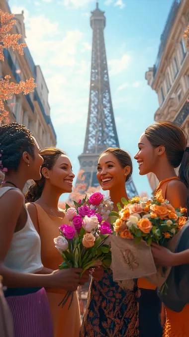 Photo-realistic image set against the iconic Eiffel Tower in Paris. A diverse group of women and men from various backgrounds smile and exchange flowers in front of the tower. The women wear stylish outfits, and the men hold bouquets of roses, giving off a sense of celebration. The soft sunlight highlights the grandeur of the Eiffel Tower, while the surrounding area is filled with cheerful Parisians enjoying the day. The festive atmosphere, combined with the elegance of the Parisian architecture, creates a perfect scene of celebration and love.