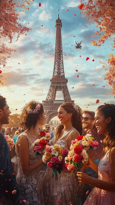 Photo-realistic image set against the iconic Eiffel Tower in Paris. A diverse group of women and men from various backgrounds smile and exchange flowers in front of the tower. The women wear stylish outfits, and the men hold bouquets of roses, giving off a sense of celebration. The soft sunlight highlights the grandeur of the Eiffel Tower, while the surrounding area is filled with cheerful Parisians enjoying the day. The festive atmosphere, combined with the elegance of the Parisian architecture, creates a perfect scene of celebration and love.