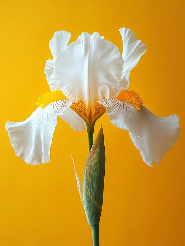 Blooming white iris with visible stamen against vibrant yellow background