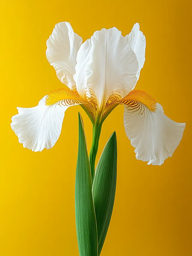 Blooming white iris in vase on vibrant yellow background for decor