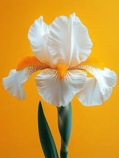 a blooming iris, white iris with visible stamen, yellow background