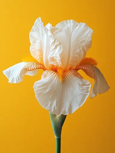 a blooming iris, white iris with visible stamen, yellow background