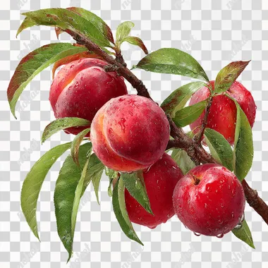 a branch with peaches juicy realistic on a transparent png background --s 250