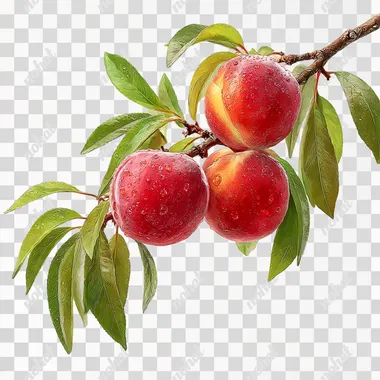 a branch with peaches juicy realistic on a transparent png background --s 250