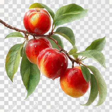 a branch with peaches juicy realistic on a transparent png background --s 250