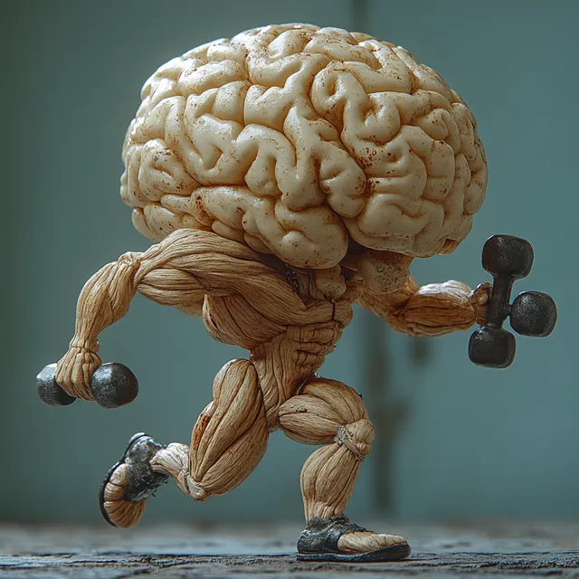 Human brain exercising with dumbbells while jogging outdoors