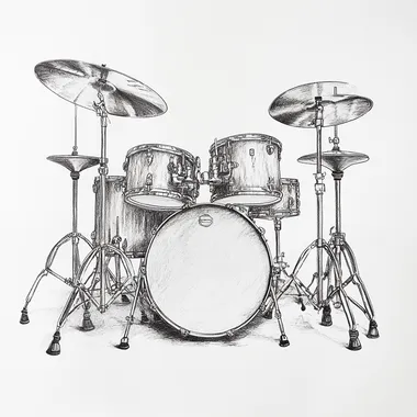 32w Freehand drawing in black pencil of an acoustic drum kit with two bass drums, two toms, several cymbals and a snare drum. Viewed from the front at a height of 45 degrees.